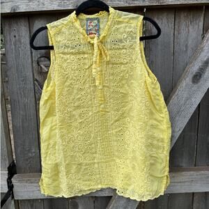 JOHNNY WAS sleeveless yellow blouse TOP tie neck eyelet embroidered size small